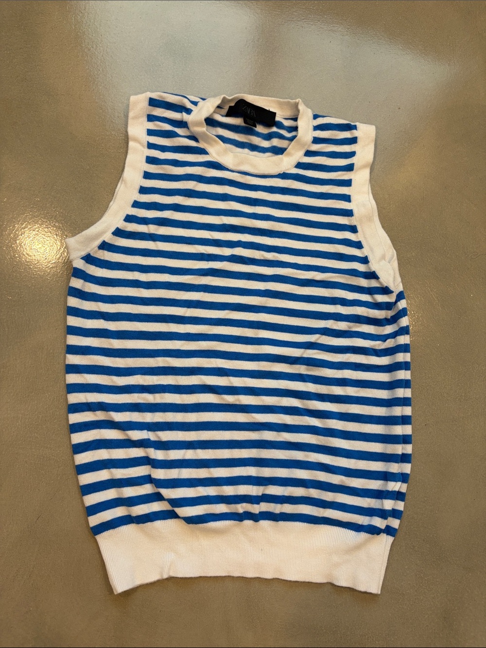 Zara Blue and White Striped Sleeveless Knit Top